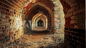 A brick tunnel stretches into the darkness, its arches creating a perspective of endless depth