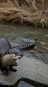 Witness the unbelievable moment when a wild otter jumps into action to save a pup from a crocodile attack. This intense and heart-pounding scene shows the otter's bravery as it confronts the crocodile, giving the pup just enough time to escape. Watch as the otter's quick thinking and cunning nature help save the day in this incredible animal encounter. With its sharp teeth and agile body, the otter is a force to be reckoned with, and its selfless act will leave you in awe. Get ready to see the w