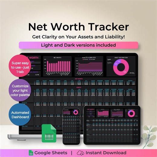 Net Worth Budget Tracker Google Sheets Financial Dashboard Spreadsheet Asset and Liability Planner Dark Light Wealth Management Money System - Etsy