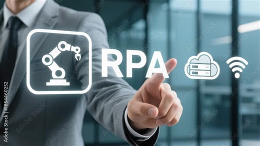 Ai agent generative, rpa transformation robotic process automation, big data, business automation, technology innovation, smart touchscreen businessman pressing virtual icon showing robotic arm