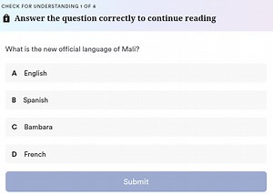 What is the new official language of Mali?A. EnglishB. Spani... | Filo