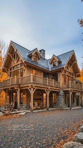 Stunning timber frame architecture features a massive wraparound porch and intricate wooden joinery. Bright autumn foliage surrounds a multi-story forest estate for a perfect seasonal escape. 🤯🍂 #Timelapse #Autumn #Transformation #TimberFrame #LogCabin #MountainHome #LuxuryRealEstate #ForestLiving #HomeGoals | Upec