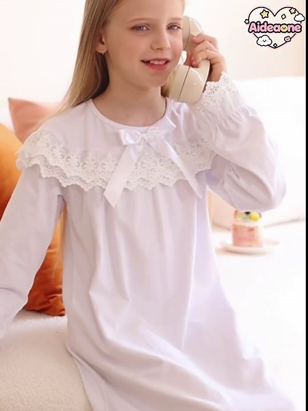 Aideaone Girl Nightgowns Lace Sleepwear Lightweight Nightdress Soft Princess Pajamas Dress white 4-12 Years