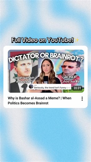 Bashar al-Assad memes, Assad brainrot, Assad TikTok edits, Assad Propaganda Songs… But how did Bashar al-Assad (Syria’s dictator) become a meme? In this video essay on Syria, the Syrian civil war, the Arab Spring, and Assad’s cult of personality, I break down how Bashar al-Assad propaganda songs went viral, why the line between mockery vs propaganda is blurry, and how algorithms reshape political memory and legacy. #syria #arabtiktok #bashar #arabmemes #arabtiktok