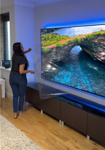 100” TV the Satisfying Screen Peel 😮‍🔥 But who makes it? 👀 Tag the brand! Full video soon. #tvsetup #tvinstall #screenpeel #learnontiktok #fyp