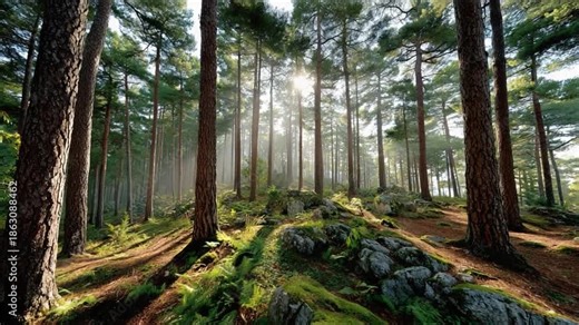 Lush Woodland Canopy: A vibrant view captures the serene beauty of a forest, sunlight filtering through the tall trees, creating a mosaic of light and shadow.