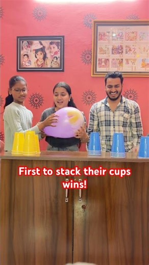 First to stack their cups WINS! #game #challenge #siblings #shorts