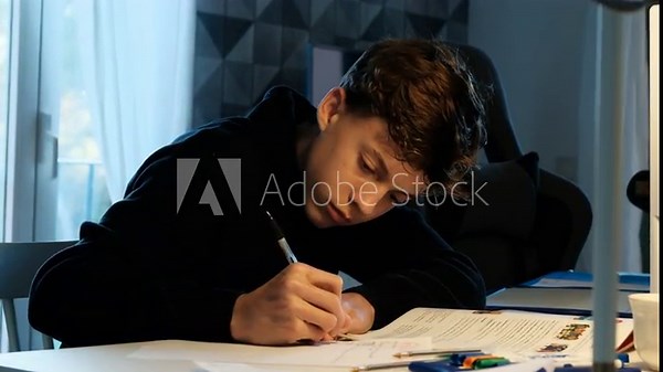 Focused teenage student doing homework at his desk