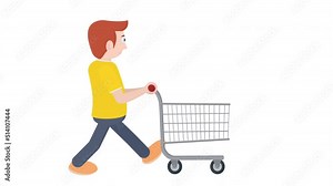 Shopping with a shopping cart. Animation of the purchase of goods, the alpha channel is enabled. Cartoon