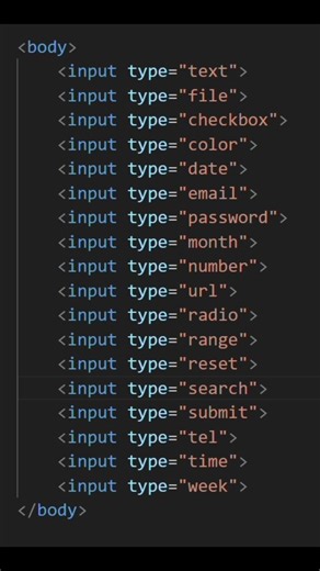 HTML ke all input types #coding #shorts #html #js #css #shortsfeed #short #shorts #programming