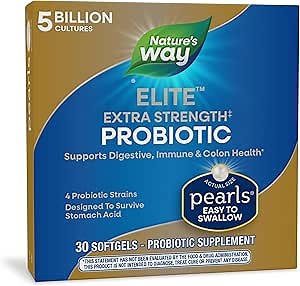 Nature's Way Elite Extra Strength Probiotic Pearls for Men and Women, Supports Digestive, Immune, Colon Health*, 5 Billion Live Cultures, No Refrigeration Required, 30 Softgels