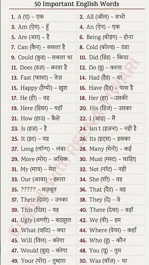 50 Important English Words with Hindi Meanings | Learn Daily Use Vocabulary