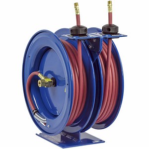 Coxreels C-MP-325-325 Dual Purpose Spring Rewind Air, Water, and Oil Hose Reel with (2) Medium Pressure 3/8" x 25' Hoses - 3000 PSI