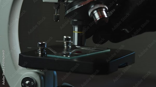 Examination of biological material through a microscope. Analysis of a blood sample in a medical laboratory. Close-up. Stock Video