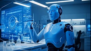 3D animation of an AI robot interacting with holographic data inside a futuristic lab. Perfect for tech, AI, and innovation themes