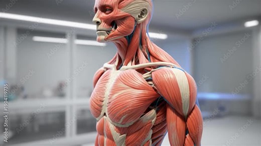 Human muscular system anatomy model in a medical laboratory setting with a person walking away, showing detailed muscles and bones