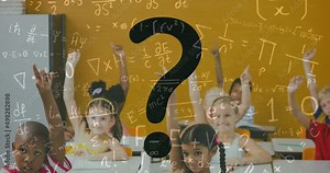 Animation of question mark and mathematical formulas over children in classroom Stock Video