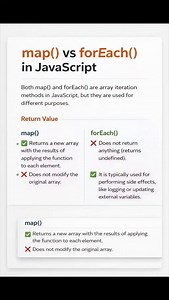 🎯 JavaScript: map() vs forEach() — Know the Difference Understanding the difference between map() and forEach() is essential for writing clean, predictable, and maintainable JavaScript code. 🔹 map() ✅ Returns a new array 🔁 Used for data transformation 🧼 Keeps code functional & immutable 🔹 forEach() ❌ Returns undefined ⚙️ Used for side effects (logging, updating variables) 🛠 Best for executing actions, not transformations 👉 Rule of thumb: If you need a new array → use map() If you just nee