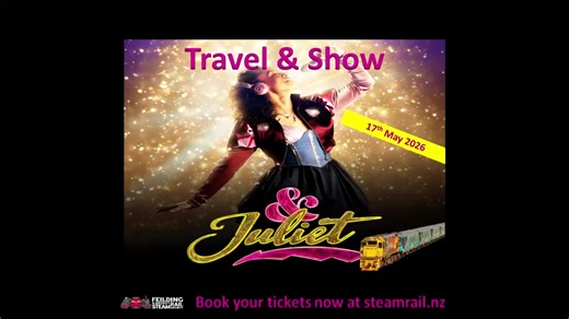 Train to Wellington for & Juliet — a high-energy, pop-hit musical. Enjoy a relaxed ride home with a licensed bar and hot meal onboard. https://events.steamrail.org.nz/?event=and-juliet | Feilding and District Steam Rail Society