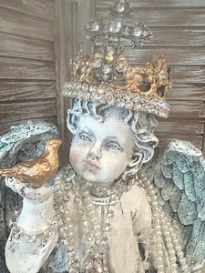 Crowned Cherub Statue Frenchshabbyrose Cherub Cherub With Wings Painted Cherub Statuary French Shabby Decor Embellished Cherub Santos Crown - Etsy