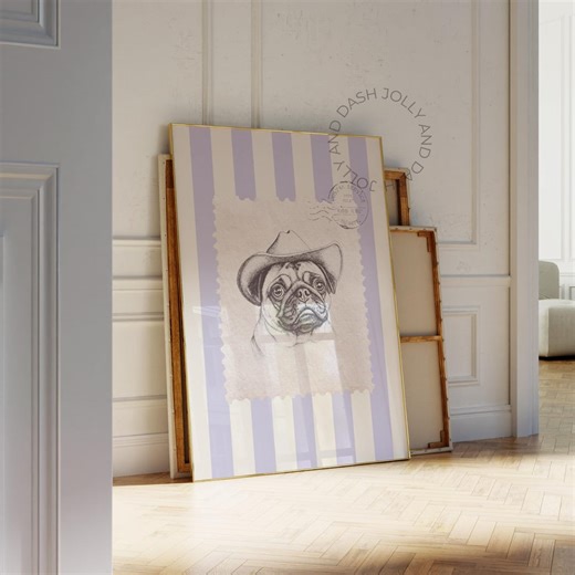 Pug Dog Cowboy Hat Sketch Print Wall Art Vintage Western Stamp Poster Rustic Stripe Decor Country Cowgirl Bedroom Dog Painting Pug Gift - Etsy