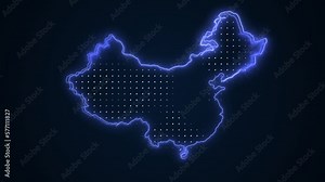 Neon Blue China Map Borders Outline Loop Background. Neon Blue Colored China Map Borders Outline Seamless Loop Dark Background. China Neon Map Borders Outline.