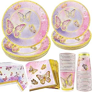 Butterfly Birthday Party Supplies 121Pcs Butterfly Plates and Napkins Tableware Set for 30 Guests for Girl Party Birthday and Baby Shower Decorations