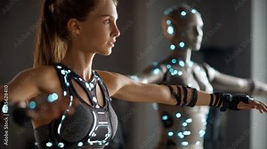 Motion Capture: A woman embodies the cutting edge of motion capture technology, moving in synchronicity with a motion capture dummy. It's a dynamic display of tech-meets-human prowess.