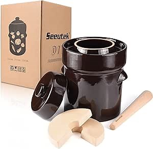 Seeutek Fermentation Crock Jar 2 Liter / 0.5 Gallon - Stoneware Pot for Fermenting, Pickling Kimchi, Pickles, Vegetables, Kombucha - Glazed Fermenter with Stone Weights, Lid & Pickle Tamper
