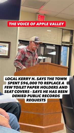 TheVoiceofAppleValley on Instagram: "The Voice of Apple Valley - Town Council 2/10/26 Local resident Kerry H. says the Town spent $96,000 to repair fire damage at the Civic Center Park restroom and the only thing they fixed were toilet paper holders and seat covers. He says he has also been denied public records requests for documentation from the Town. #towncouncil"