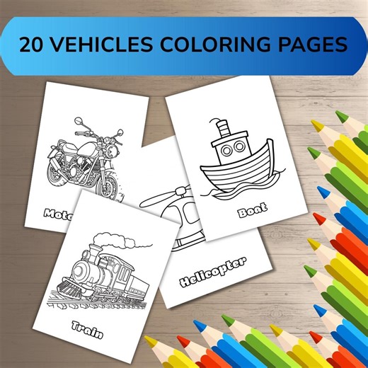 Vehicles Coloring Book for Kids | 20 Transportation Coloring Pages | Car, Truck, Bus, Plane | Printable Coloring Book PDF - Etsy