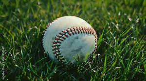 A close-up of a baseball resting on green grass, highlighting its texture and stitching.