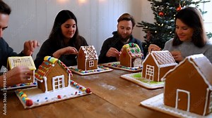 Decorating Gingerbread Houses A family or group of friends decorating gingerbread houses with candy and icing.
