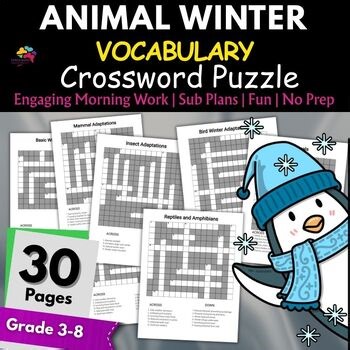 Animal Winter Holiday Adaptations Crossword Puzzle 4th,5th,6th,7th,8th,9th Grade