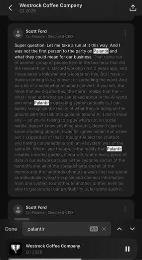 WestRock CEO went from Palantir skeptic to biggest believer.“What I read and what we see talked about in the AI world and what Palantir’s operating system actually is, I can barely recognize the reality of what they’re doing on the ground with the talk that goes on around AI.”His way of saying what everyone is talking about is enterprise AI Slop vs what Palantir is doing is an AI Operating system for enterprise3 minutes of nuggets of wisdom here