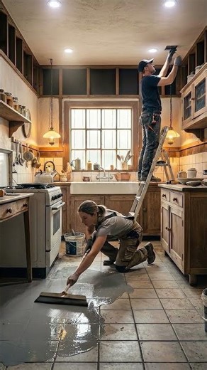 Woman Renovates Rustic Kitchen with Epoxy Floor & LED Lights | Timelapse Transformation