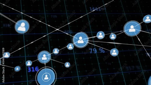 Central blue user node pulsing, sending lines to new nodes, clustering and showing network data