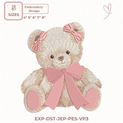 Teddy Bear Embroidery Design, , Cute Teddy Bear With Pink Bow Embroidery, Coquette Baby Bear Design, 5 Sizes, Dst,des, Exp, Jep, Vp3 - Etsy