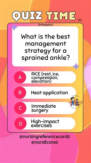 6.1K views · 153 reactions | What is the best management strategy for a sprained ankle? * * * * * * * * #nurses #doctors #nursing #medical #nurseexam #NCLEX #nclexreview #nclexrn #registerednurse #medicaldoctor #medicine #studentlife #exam #exampreparation #nclexprep #nursingstudent #medicalstudent #RN #NMC #NGN #PNLE #NLE #USRN #RN #rnlife #nursinglife #fbreels #fypシ゚ @highlight @followers @everyone | Nursing Reference Cards | Facebook