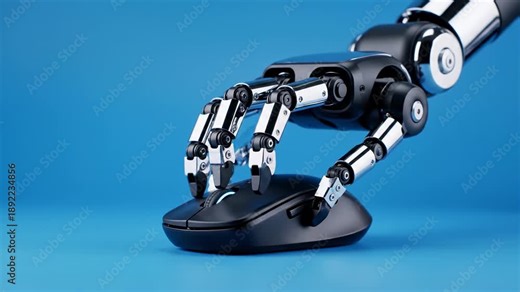 Isolated articulated metallic robotic arm moving a computer mouse and clicking on a generic surface ready for easy compositing and keying high tech, development, mouse movement