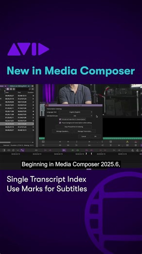 Avid Media Composer on Instagram: "NEW IN MEDIA COMPOSER — Single transcript index and Use Marks for subtitles ▶️ avid.com/media-composer #transcript #subtitling #mediacomposer #videoediting #avidmediacomposer #nle #cutting #postproduction #editor #editing #avid"