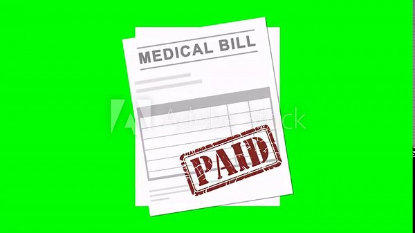 Medical bill form with animated paid stamp seal on green screen background, chroma key effect for hospital invoice, healthcare payment, and approval animation
