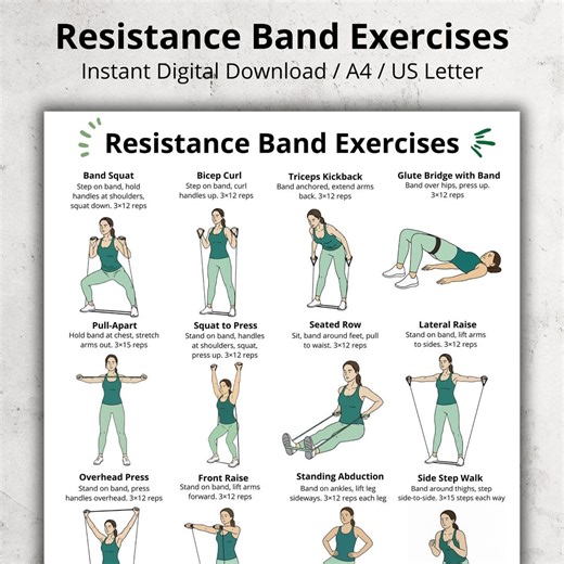 Resistance Band Exercises Poster | Full Body Resistance Band Workout Chart for Arms, Legs, Glutes, Back & Core | Beginner Home Gym Exercises - Etsy