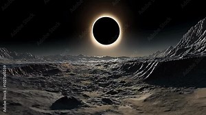 A total solar eclipse casts a dark shadow over a rocky, alien landscape