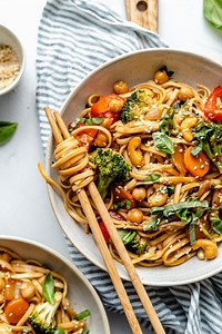 my new 30 Minute Vegan Stir Fry Sesame Noodles with Chickpeas & Basil are packed with colorful veggies & plant based protein. SO GOOD 😍 RECIPE: https://www.ambitiouskitchen.com/vegan-stir-fry-sesame-noodles/ | Ambitious Kitchen