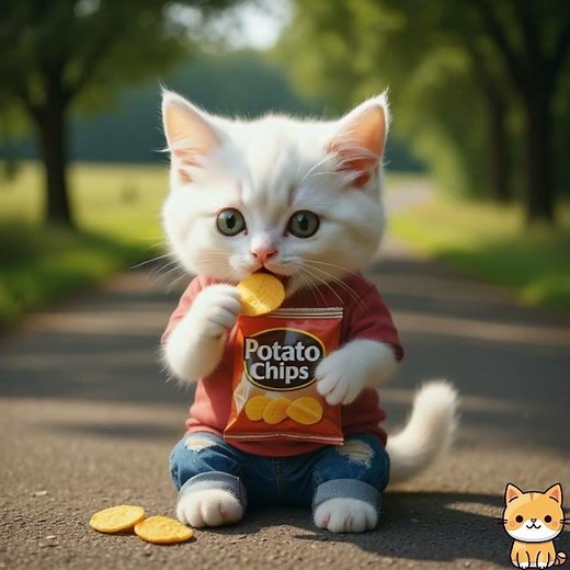 “Adorable Kitten Eating Chips | Cute Cat Snack Moment”