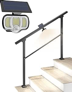 Hand Rails for Outdoor Steps, 4 Step Handrail with Solar Deck Lights, Stair Railing Indoor, Hand Rails for Indoor Stairs, Handrails for Outdoor Steps for Porch/Deck, Black