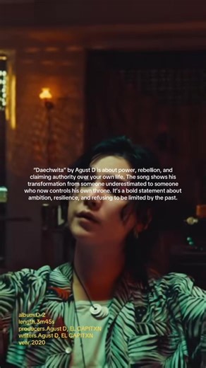 “DAECHWITA” is one of Agust D’s most intense and symbolic songs. The title refers to daechwita, traditional Korean military/royal music performed during processions for kings and generals. Agust D uses this historic imagery to frame his narrative — not as a boastful ruler, but as someone who has fought to build his own throne through struggle and conviction. Lyrically and visually, the song blurs two personas: the tyrant king and the rebel outlaw. In the music video, these versions confront each