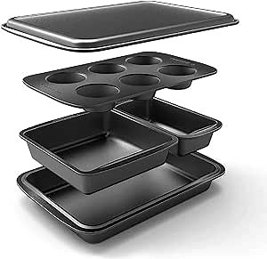 Baker's Secret Stackable Baking Set of 5 Bakeware Pans, Bakeware Set, Baking Pan Set Includes Muffin Pan, Roaster Pan, Square Pan, Cookie Sheet, Loaf Pan, Easy Store, Dishwasher Safe, Baking Supplies