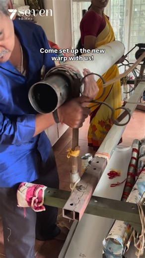 Seven Sarees on Instagram: "If you thought the tak tak of the handloom is what weaving is all about, welcome to this beautiful video. This shows how intrinsically handmade, weaving is. To just set up the warp yarns, it takes us almost 14 hours! Let that sink in🫶 First is to set the beam carefully onto the loom, then we need to align all the yarns at the cluster level. Then some handcombing to ensure there are no yarns missed. Then begins the process of adding each yarn by hand to the previous o